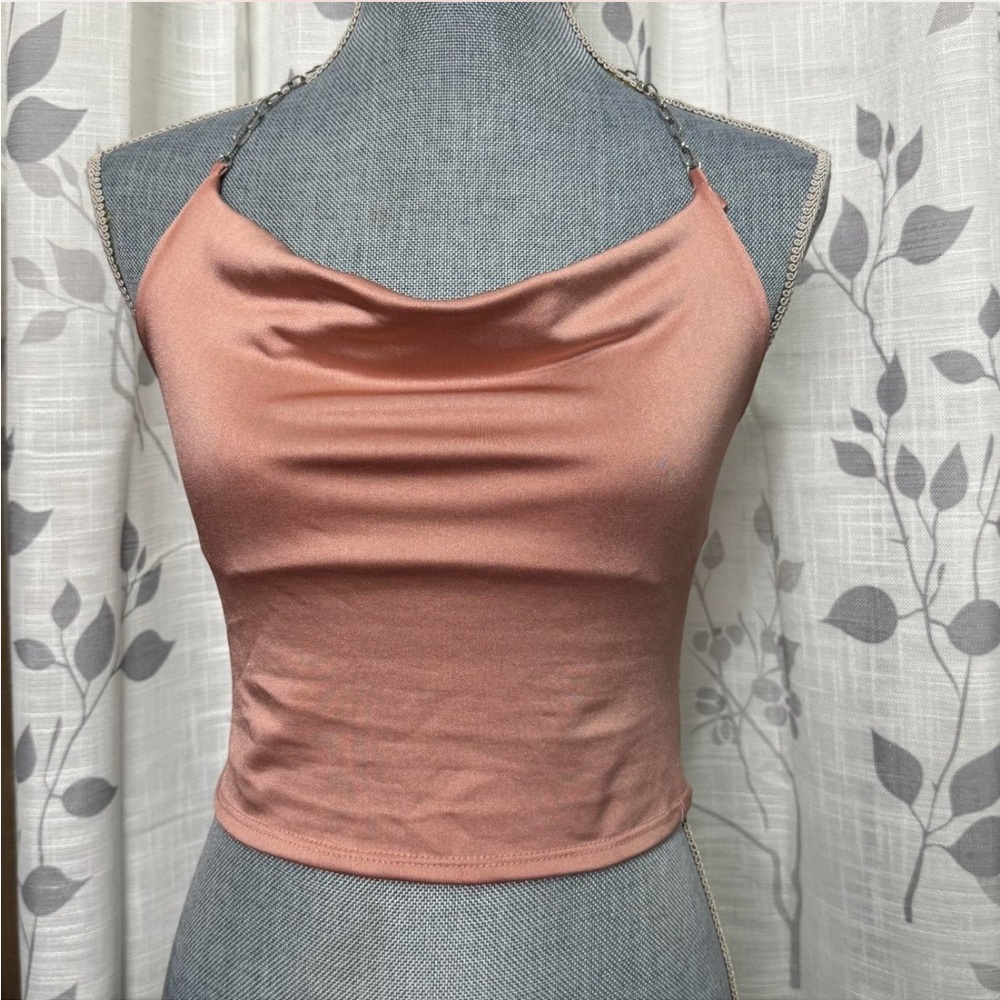 Papaya Y2K 90s Pink Satin Cowl Neck Chain Halter Crop Top M Barbie Mean Girls